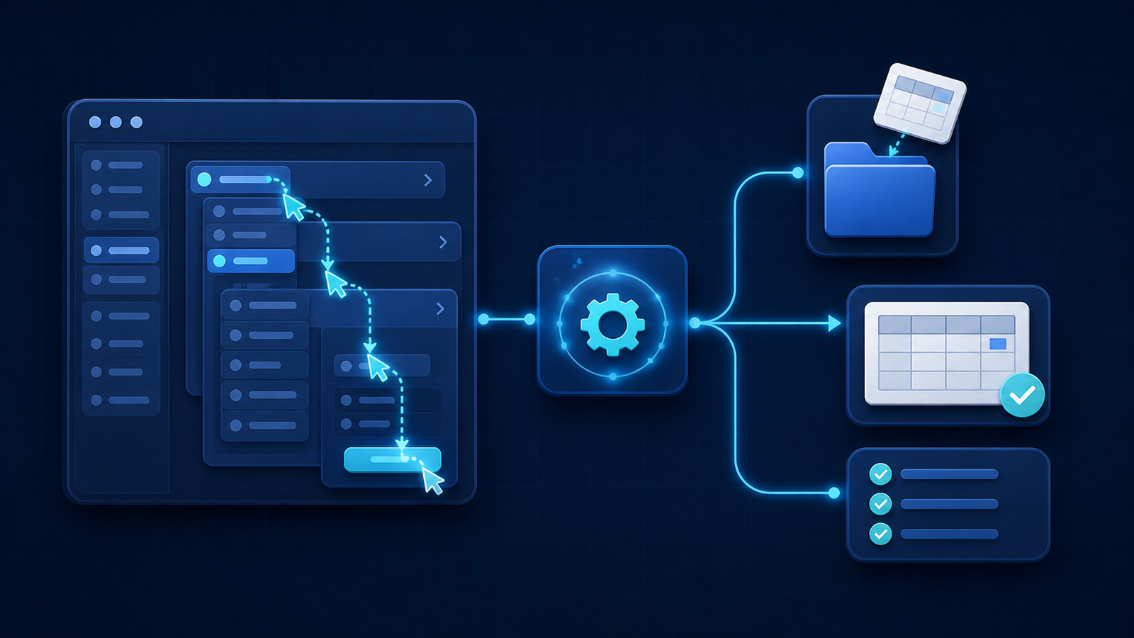 A complex business interface simplified into an automated workflow with human validation